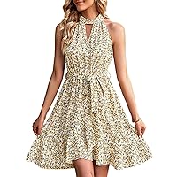 AlvaQ Summer 2024 Fashion Dress for Women Chiffon Skirt Sleeveless Halter Dresses Sun Flowy Ruffle Outfits
