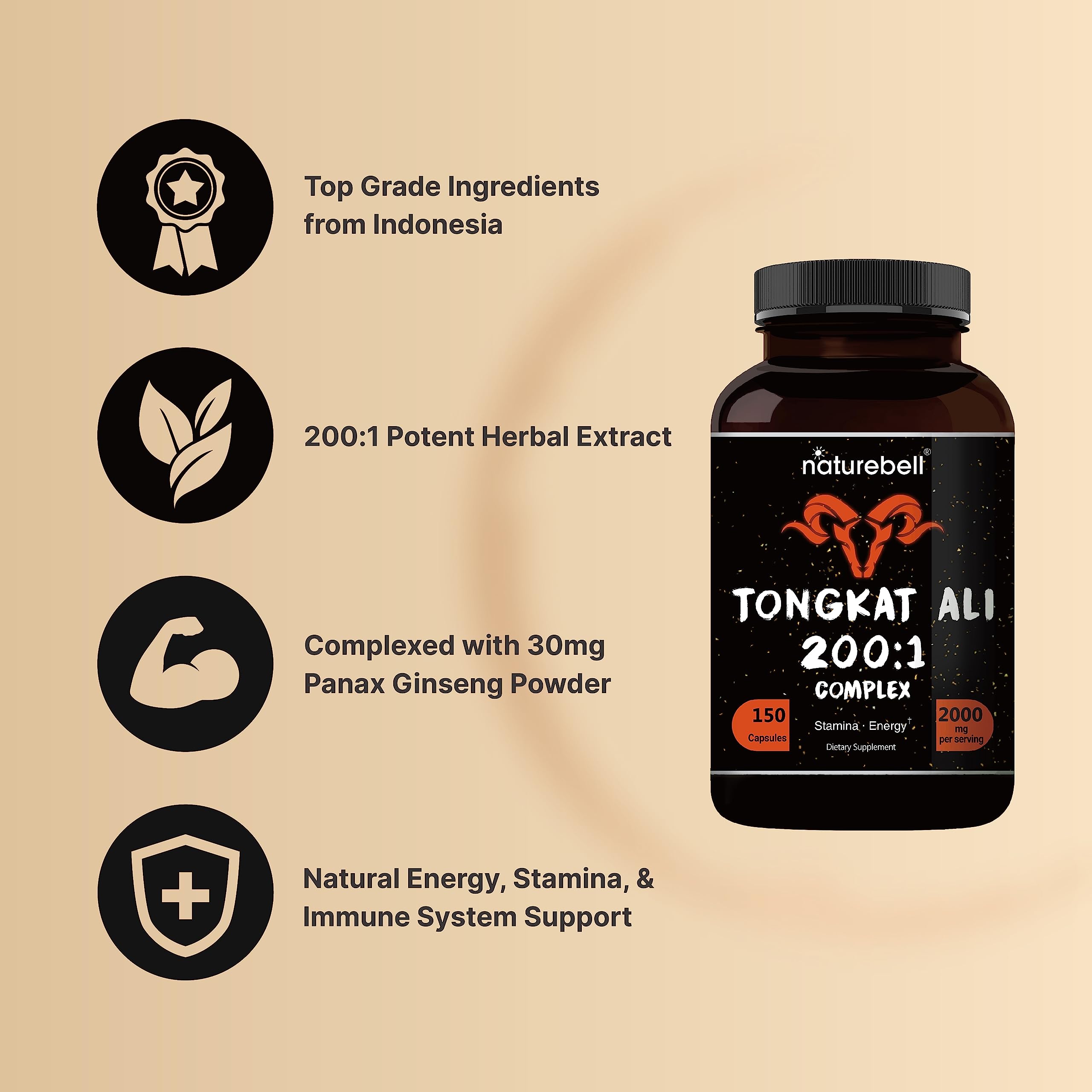 NatureBell Tongkat Ali 200:1 (Longjack) Extract for Men, 2000mg Per Serving, 150 Capsules, Indonesia Origin, Eurycoma Longifolia | with Panax Ginseng for Energy, Stamina, & Male Health Support