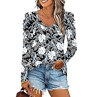 CATHY Women's Long Puff Sleeve V-Neck Tunic Tops Casual T-shirt Basic Blouse Loose Tee For Legging
