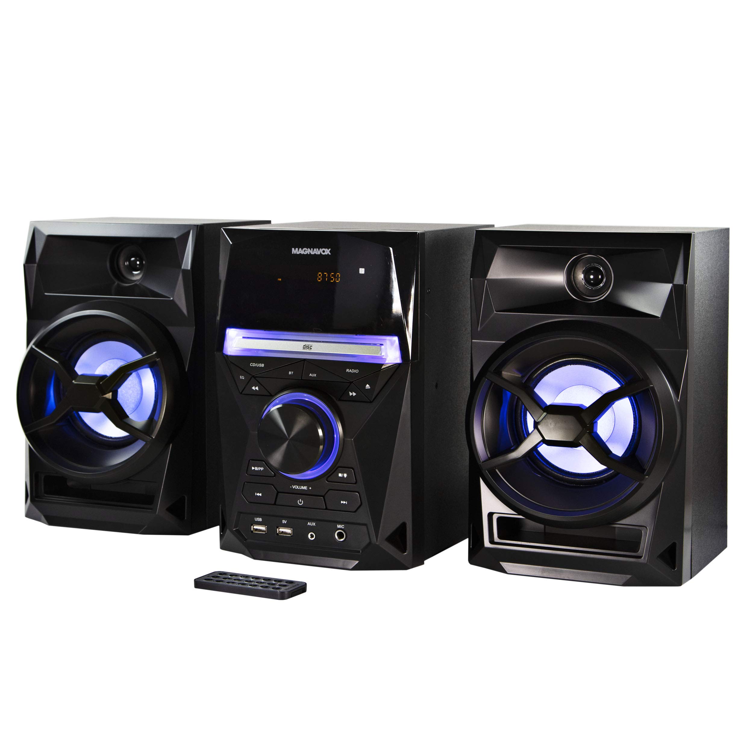 Magnavox MM441 3-Piece CD Shelf System with Digital PLL FM Stereo Radio, Bluetooth Wireless Technology, and Remote Control in Black | Blue Colored Speaker Lights | LED Display | AUX Port Compatible |