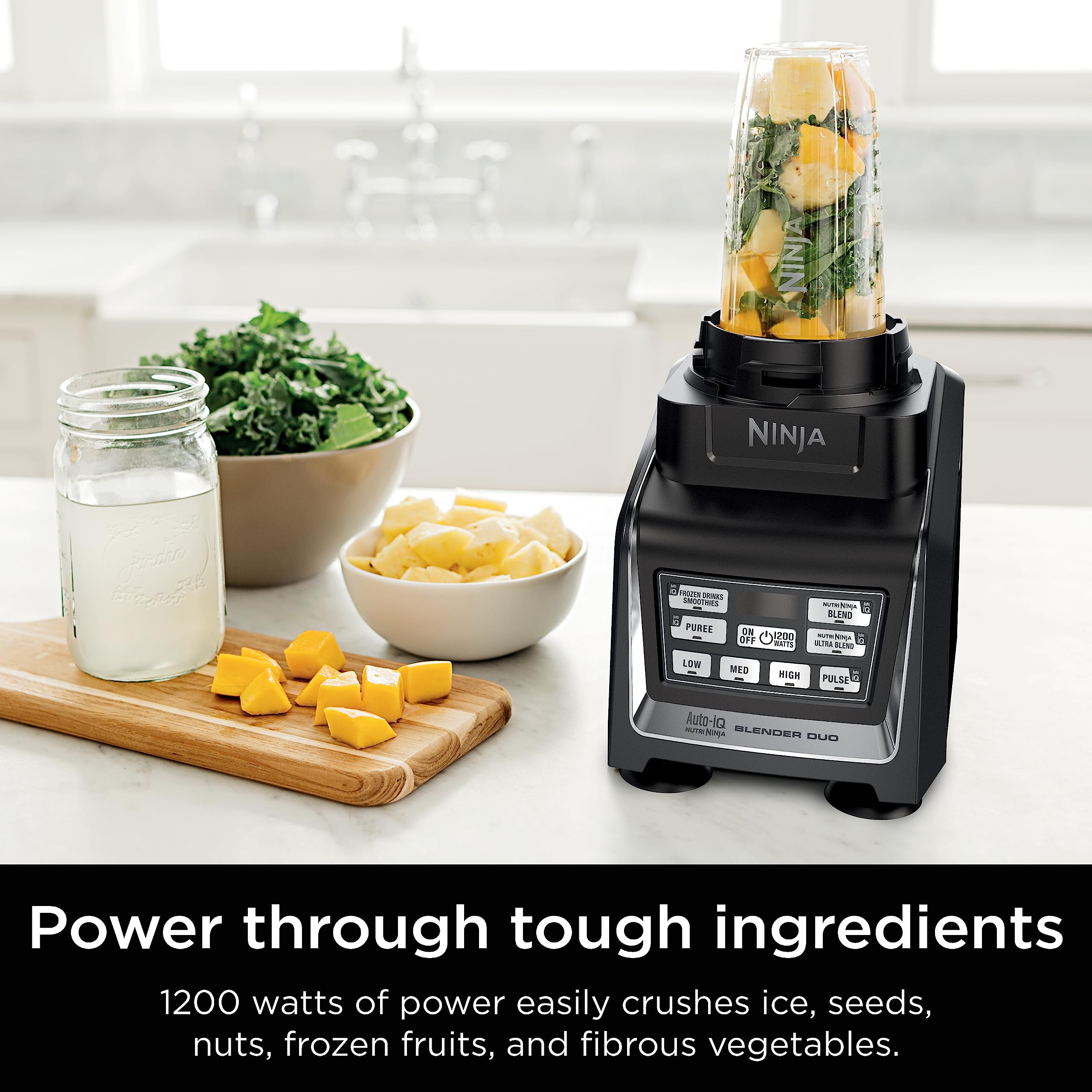 Ninja BL642 Nutri Ninja Personal & Countertop Blender with 1200W Auto-iQ Base, 72 oz. Pitcher, and 18, 24, & 32 oz. To-Go Cups with Spout Lids, For Smoothies, Shakes & More, Dishwasher Safe, Black