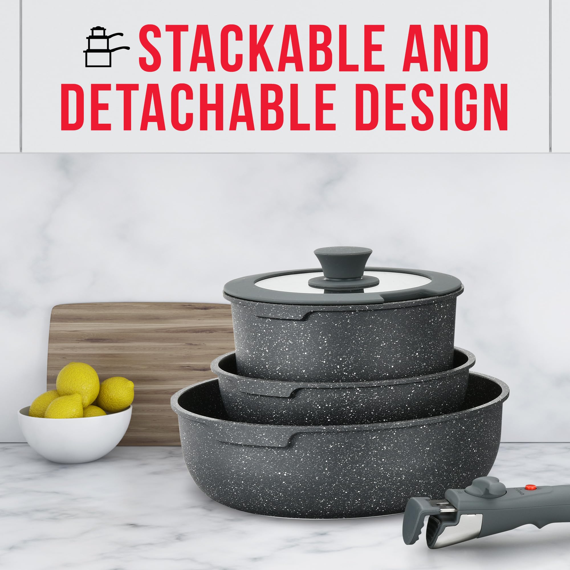 Bakken-Swiss Detachable 15-Piece Cookware Set – Granite Non-Stick – Eco-Friendly – stackable Removable Handles – for All Stoves & Oven-Safe - marble Black coating