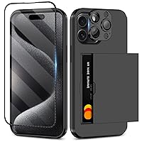 SAMONPOW for iPhone 15 Pro Max Case with Screen Protector & Camera Cover 4-in-1 Full Body Hybrid iPhone 15 Pro Max Case Wallet Card Holder Shockproof Protective Phone Case for iPhone 15 Pro Max Black