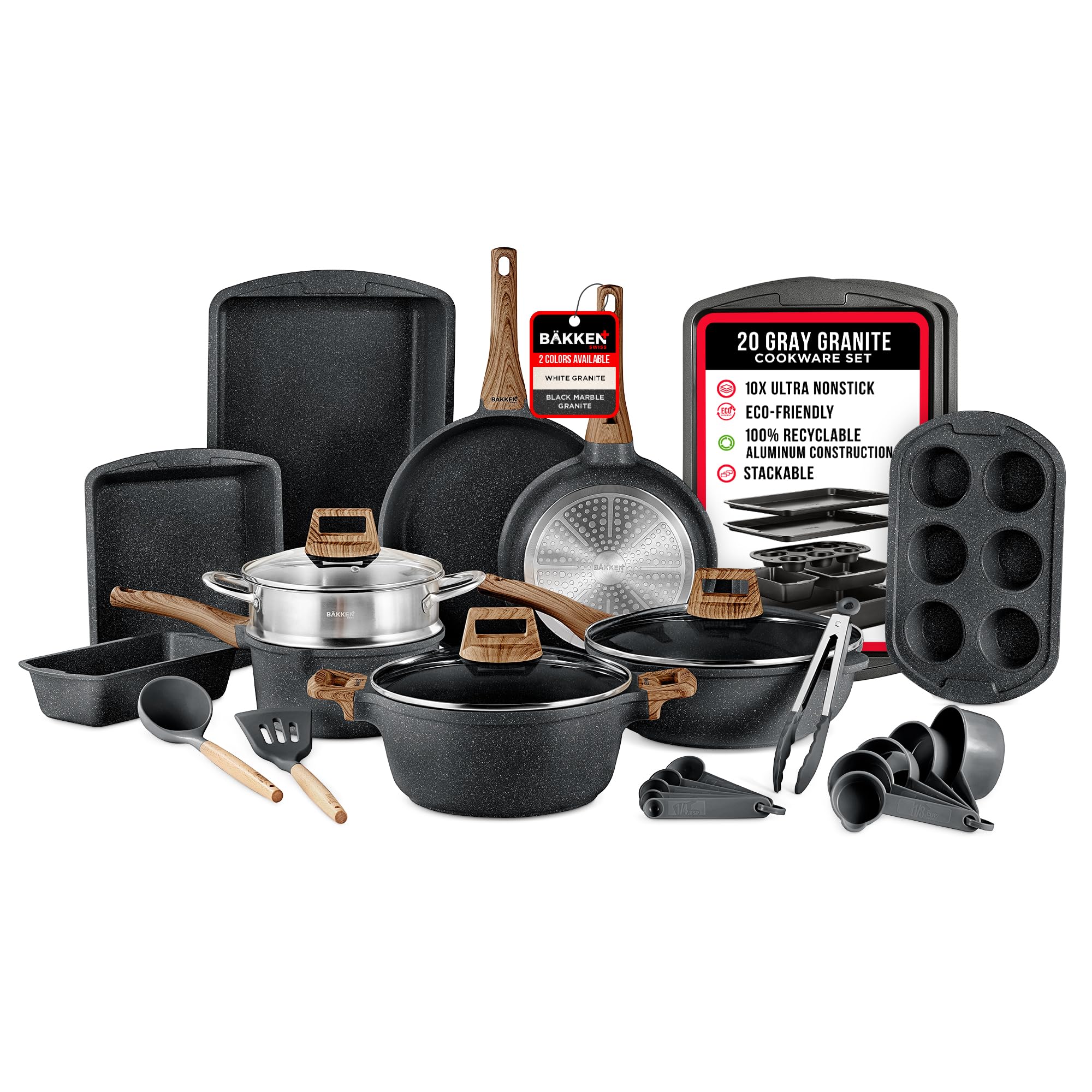 Bakken-Swiss 20-Piece Kitchen Cookware Set – Granite Non-Stick – Eco-Friendly – for All Stoves & Oven-Safe - Marble coating
