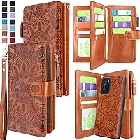 Harryshell Detachable Magnetic Zipper Wallet Leather Case with Cash Coin Pocket 12 Card Slots Holder Wrist Strap Lanyard for Samsung Galaxy A03S (Flower Brown)