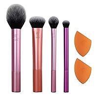 Real Techniques Everyday Essentials + Makeup Sponge Kit, 4 Makeup Brushes & 2 Makeup Blender Sponges, For Foundation, Blush, Bronzer, Eyeshadow, & Powder, Synthetic Bristles, Cruelty-Free, 6 Piece Set