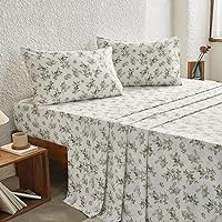 Wake In Cloud - Full Size Bed Sheets, 4-Piece Sheet Set, Deep Pocket, Floral Shabby Chic Coquette Sage Green Flower on White, Soft Microfiber Patterned Printed Bedding