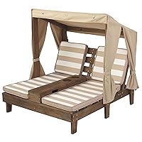 Wooden Outdoor Double Chaise Lounge with Cup Holders, Patio Furniture for Kids or Pets, Espresso with Oatmeal and White Striped Fabric