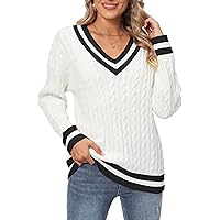 Jollycode Women's Cable Knit V Neck Sweaters Casual Long Sleeve Pullover Striped 2023 Trendy Loose Preppy Jumper Top