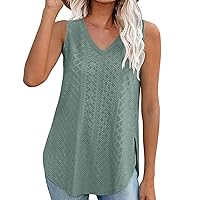 Tank Top for Women Eyelet Sleeveless Tops V Neck Loose Fit Basic Casual T Shirts Summer Side Split Beach Shirts