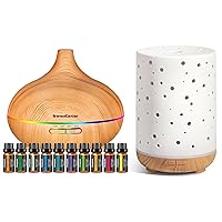 400ml Diffuser with 10 Essential Oils Set & 150ml Ceramic Diffuser with Celestial Star Engravings, with Adjustable Mist 7 Color Lights Waterless Auto Off for Home Office, Pack of 2