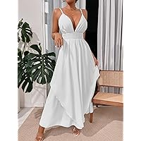 Summer Dresses for Women 2022 Shirred Waist Layered Hem Cami Dress Dresses for Women (Color : White, Size : Small)