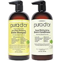 PURA D'OR Anti-Thinning Biotin Hair Regrowth Shampoo & Conditioner Original Gold Label (24Oz x2) Natural Earthy Scent, Clinically Tested Proven Results, DHT Blocker Thickening Products For Women & Men