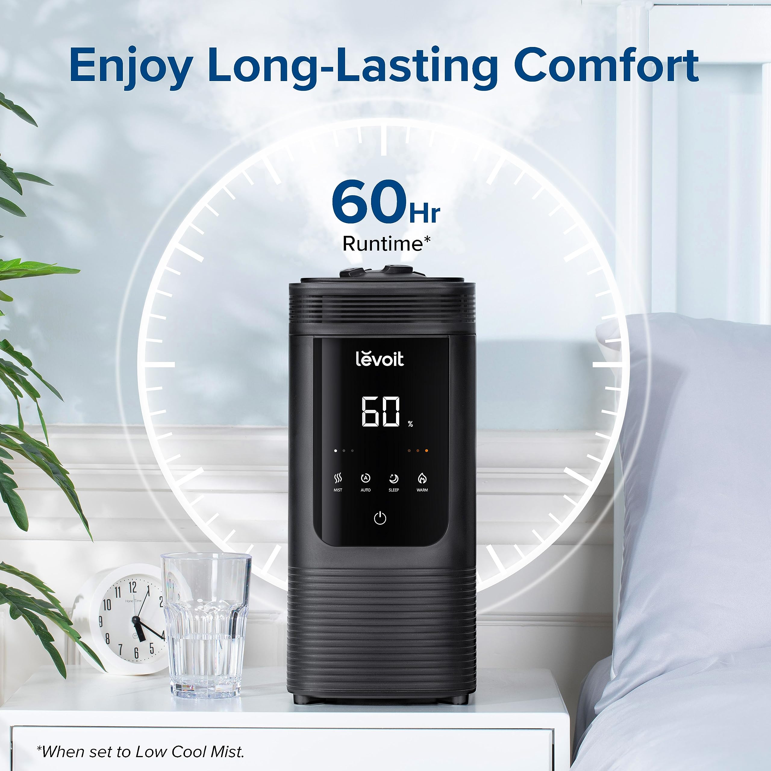 LEVOIT 6L Smart Warm and Cool Mist Humidifiers for Home Bedroom, 60H Runtime and Auto Customized Humidity for Large room, Schedule, Easy Top Fill, Essential Oil Diffuser, Whisper-Quiet, Handle, Black