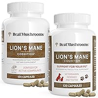 Real Mushrooms Lions Mane for Humans (120ct) and Pets (120ct) - Bundle for Cognition & Immunity - Vegan, Non-GMO, Gluten-Free, Grain-Free Mushroom Extract Supplements