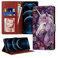 Wallet Case Compatible with iPhone 12 (2020) (6.1 Inch) & 12 Pro White Horse Unicorn Rose Wrist Strap Standable Kickstand PU Leather Card Holder Wallet Case for Women.