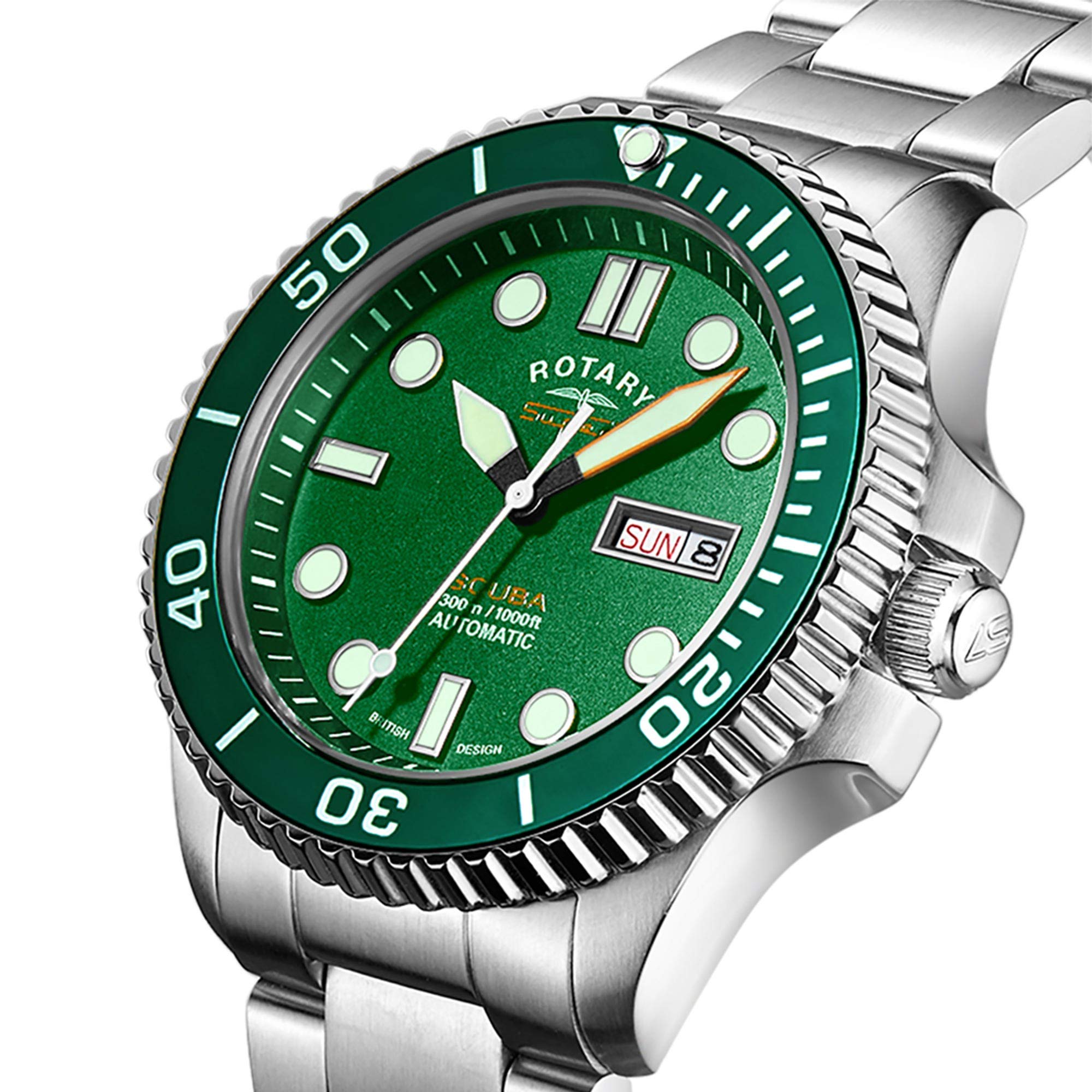 Rotary Super 7 Scuba 'Hulk' Automatic Green Dial Silver Stainless Steel Bracelet Men’s Watch S7S003B