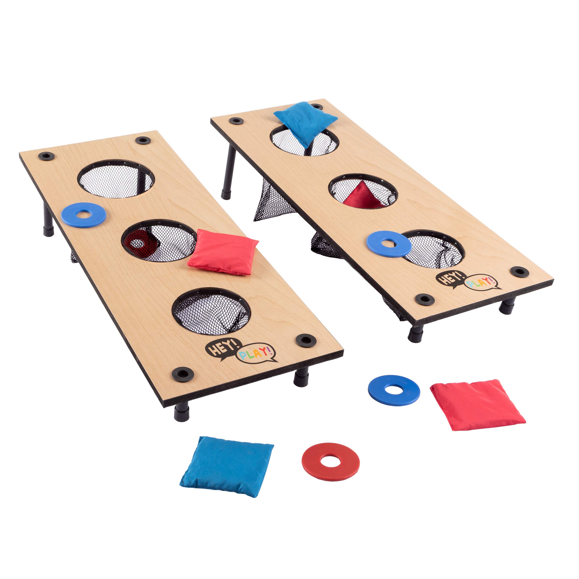 Hey! Play! 2-in-1 Washer Pitch and Beanbag Toss Set – Indoor or Outdoor Wooden Classic Team Backyard and Tailgate Party Games for Kids and Adults - Blue, Red