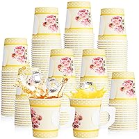 Pinkunn 80 Pcs Paper Tea Cups Tea Party Decorations Disposable Tea Party Cups 7 oz Floral Paper Teacups with Handle for Hot and Cold Drinks Girl Mom Birthday Baby Shower Bridal Wedding Spring (Yellow)