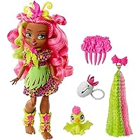 Mattel Cave Club Fernessa Doll (8-10-inch, Pink Hair) Poseable Prehistoric Fashion Doll with Dinosaur Pet and Accessories, Gift for 4 Year Olds and Up