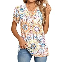 BISHUIGE Womens Henley Tunic Tops Button Up T-Shirts Petal Sleeve V-Neck Casual Blouses