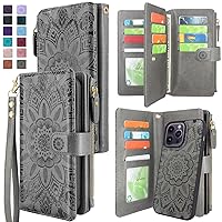 Harryshell Compatible with iPhone 14 Pro Max 6.7 inch 5G 2022 Wallet Case Detachable Magnetic Cover Zipper Cash Pocket Multi Card Slots Holder Wrist Strap Lanyard (Floral Gray)