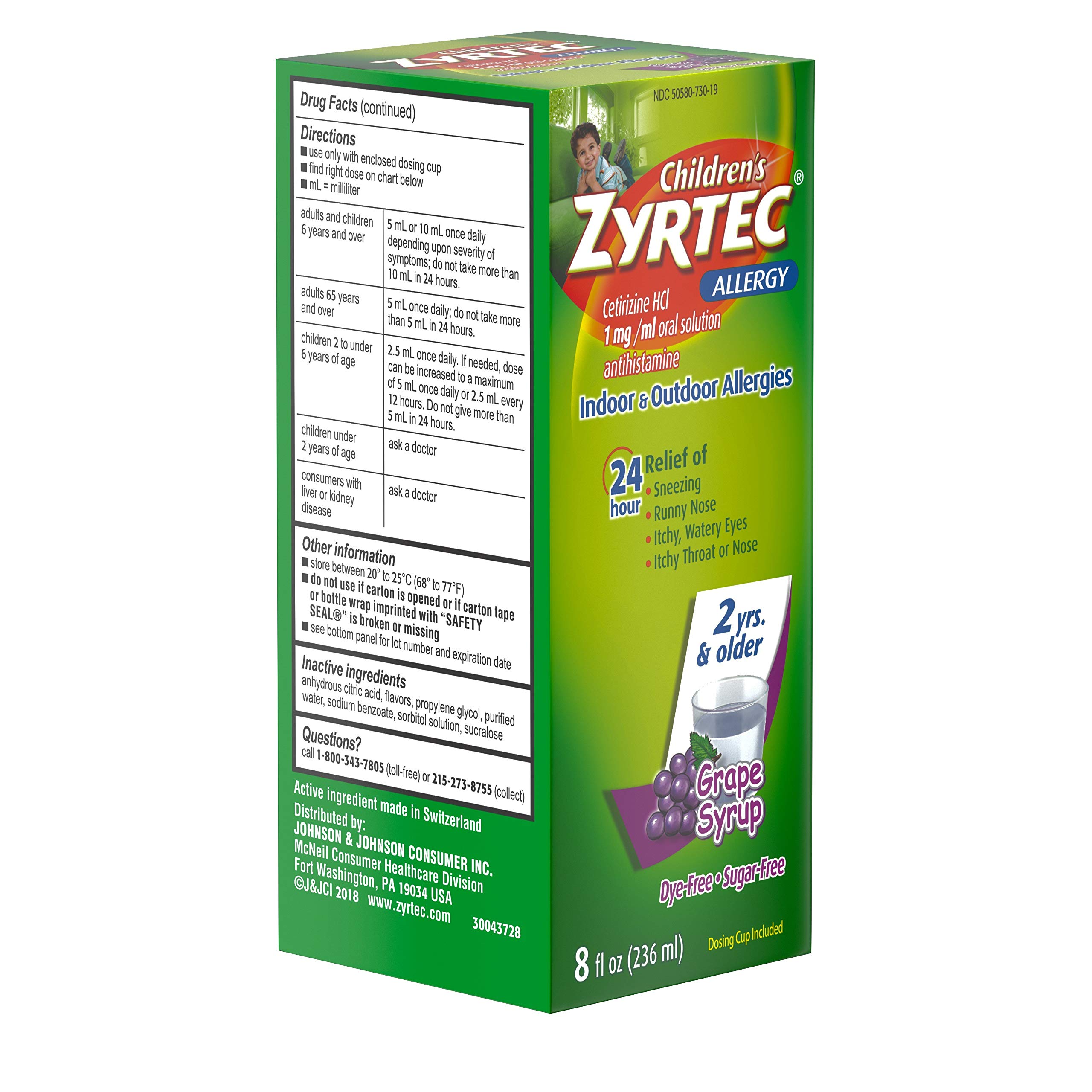 Zyrtec 24 Hour Children's Allergy Syrup with Cetirizine HCl, Antihistamine Allergy Medicine for Indoor & Outdoor Allergy Relief for Kids, Dye-Free & Sugar-Free, Grape Flavor, 8 fl. oz