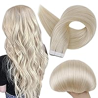 Full Shine Tape in Hair Extensions Human Hair 60 Platinum Blonde Tape Hair Extensions Real Hair 18 Inch Seamless Skin Weft Human Hair Extensions 50 Grams 20 Pieces Invisible Tape in Extensions