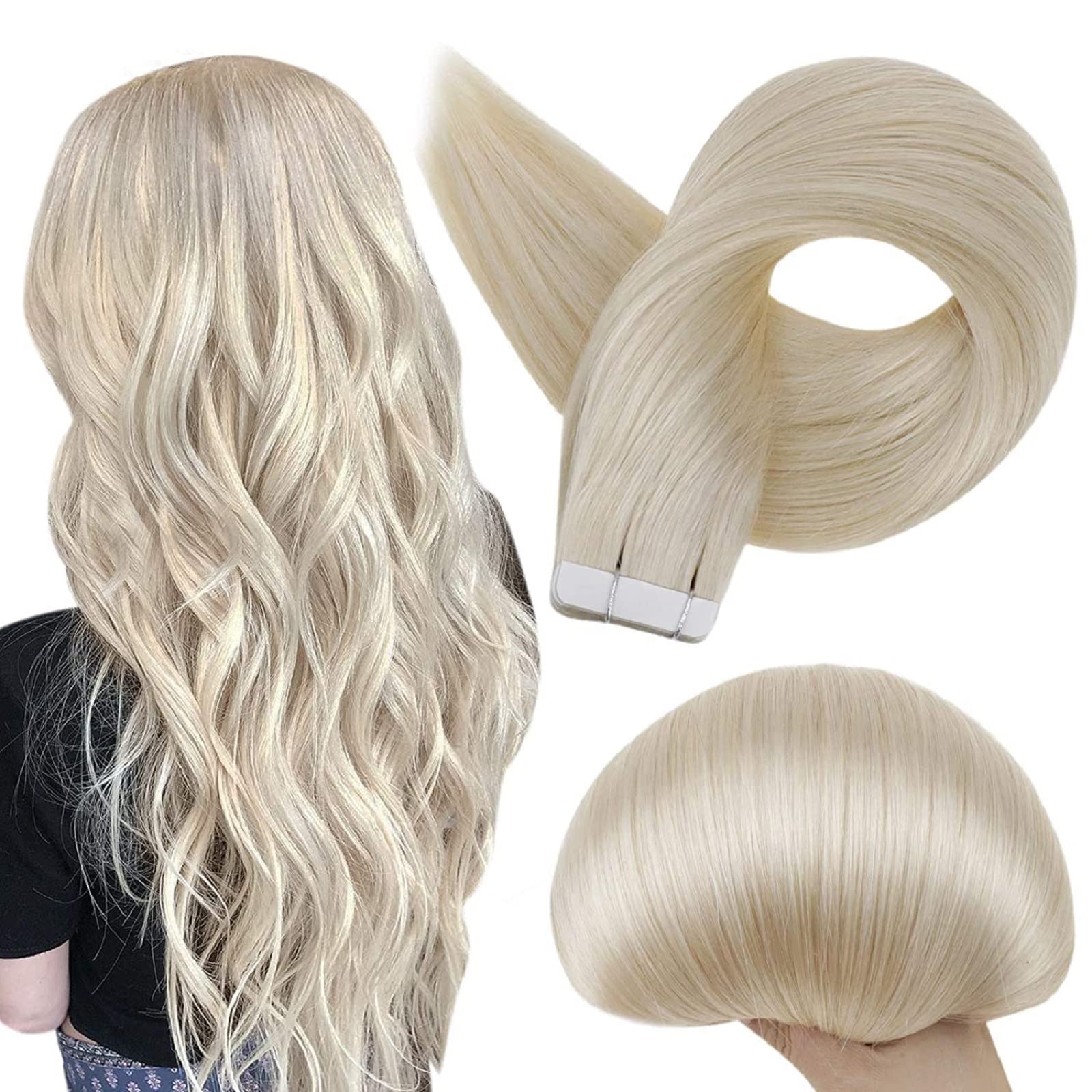 Full Shine Tape in Hair Extensions Human Hair 60 Platinum Blonde Tape Hair Extensions Real Hair 18 Inch Seamless Skin Weft Hair Extensions 50 Grams 20 Pieces