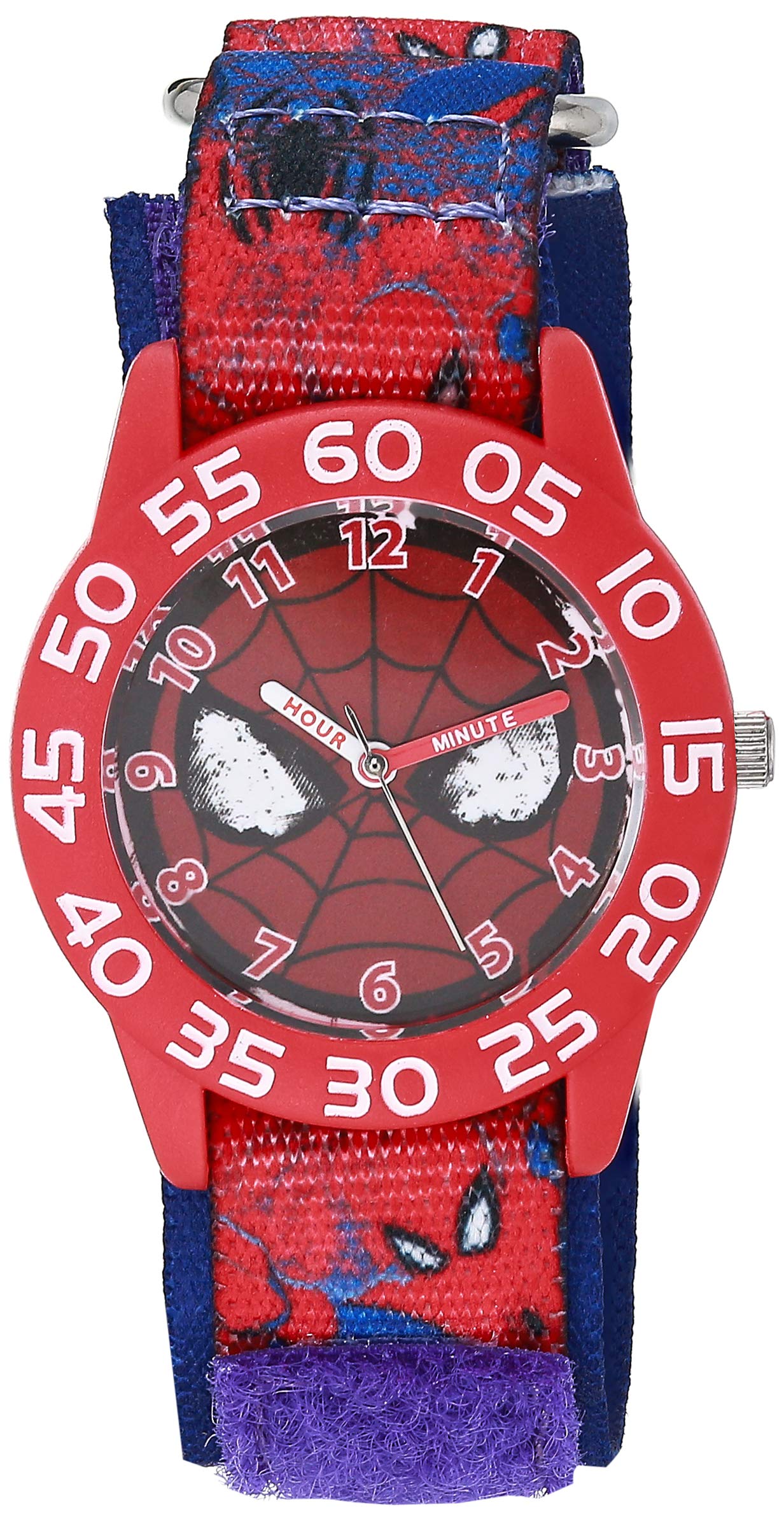 Marvel Spider-Man Boys' Red Plastic Time Teacher Watch, Blue and Red Printed Nylon Strap, WMA000410