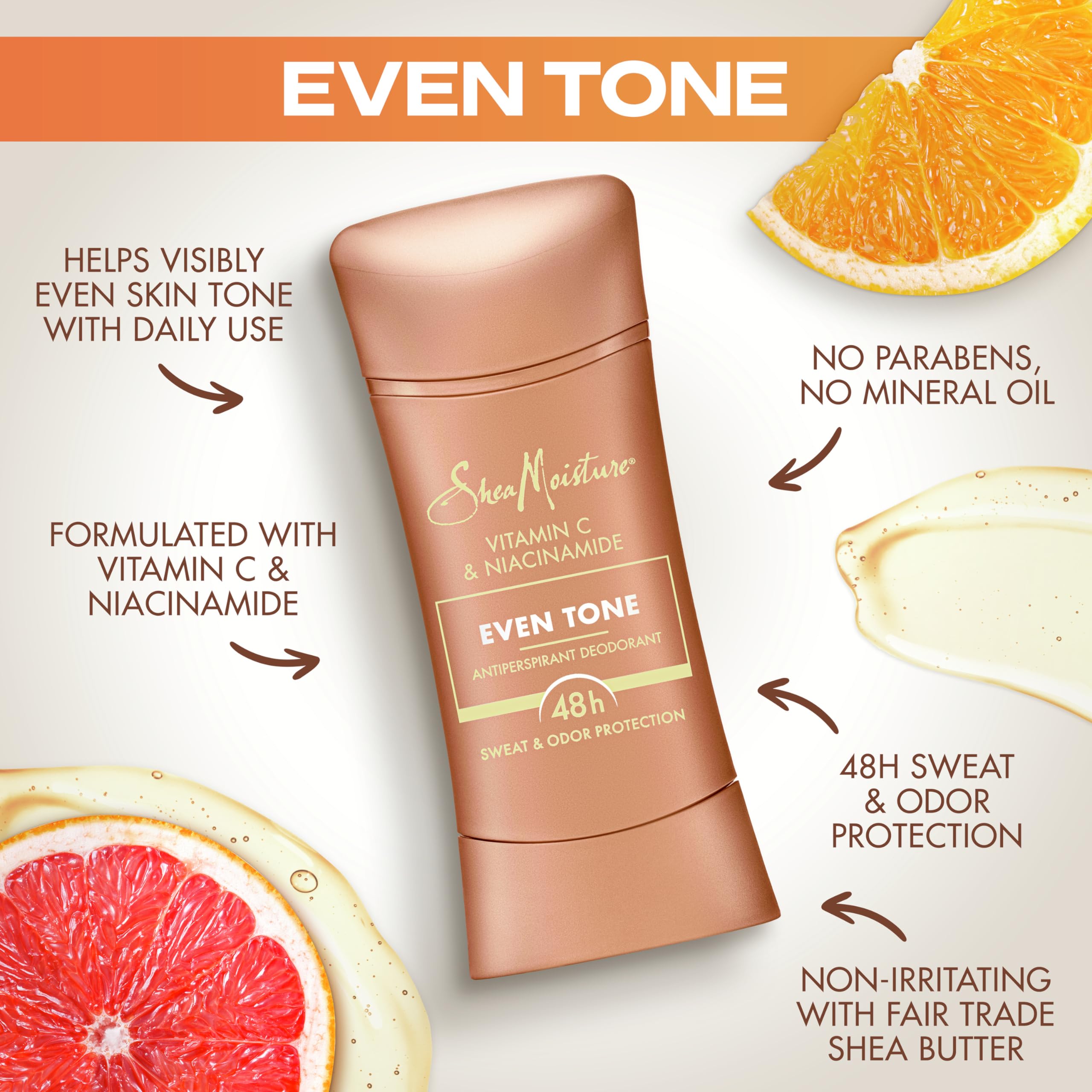 SheaMoisture Antiperspirant Deodorant Stick Even Tone Vitamin C & Niacinamide 2 Count for 48HR Sweat & Odor Protection with No Parabens & No Mineral Oil 2.6 oz