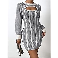 TLULY Sweater Dress for Women Cut Out Front Bishop Sleeve Sweater Dress Sweater Dress for Women (Color : Dark Grey, Size : Small)