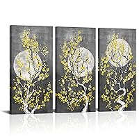 Conipit Oriental Wall Art Canvas Yellow And Gray Cherry Blossom Moon Art Prints Asian Paintings Canvas for Bedroom Living Room Office Decor (Yellow, Large)