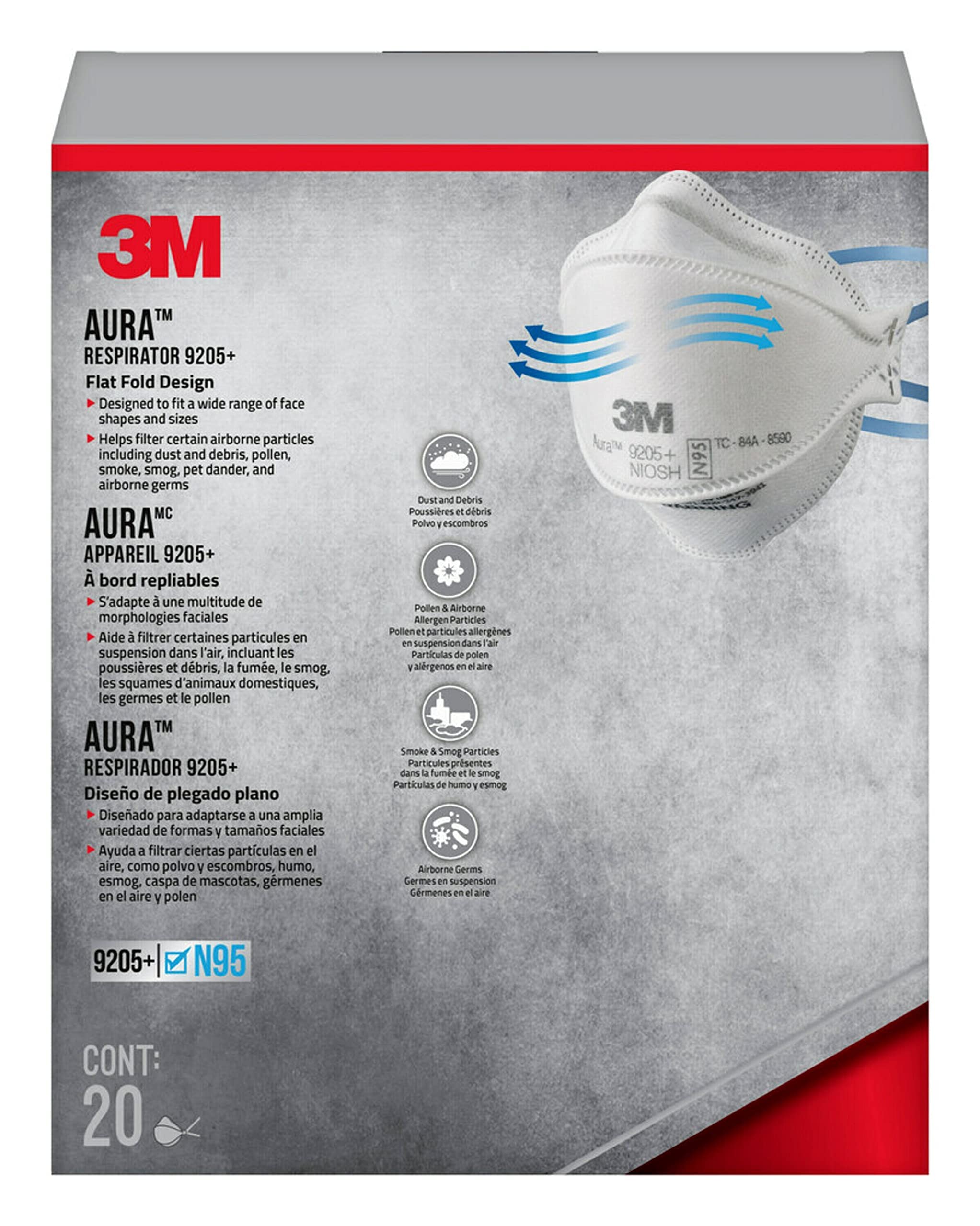 3M 9205+ Aura Particulate N95 Respirator, Flat Fold Non-Valved Disposable Respirator, White, 20 Pack