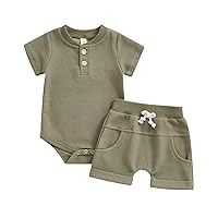 Kuriozud Newborn Baby Boy Summer Clothes Button Short Sleeve Romper Bodysuit Shorts Set Toddler Soft Waffle Outfit