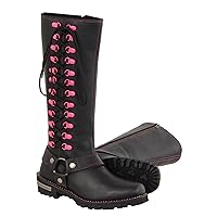 Milwaukee Leather Women's Leather Harness Boots with Fuchsia Accent Loops (Black/Fuchsia Hot Pink, Size 6.5/14