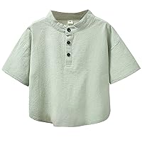 Boys Linen Button Down Henley Shirt Short Sleeve Summer T Shirt Tops