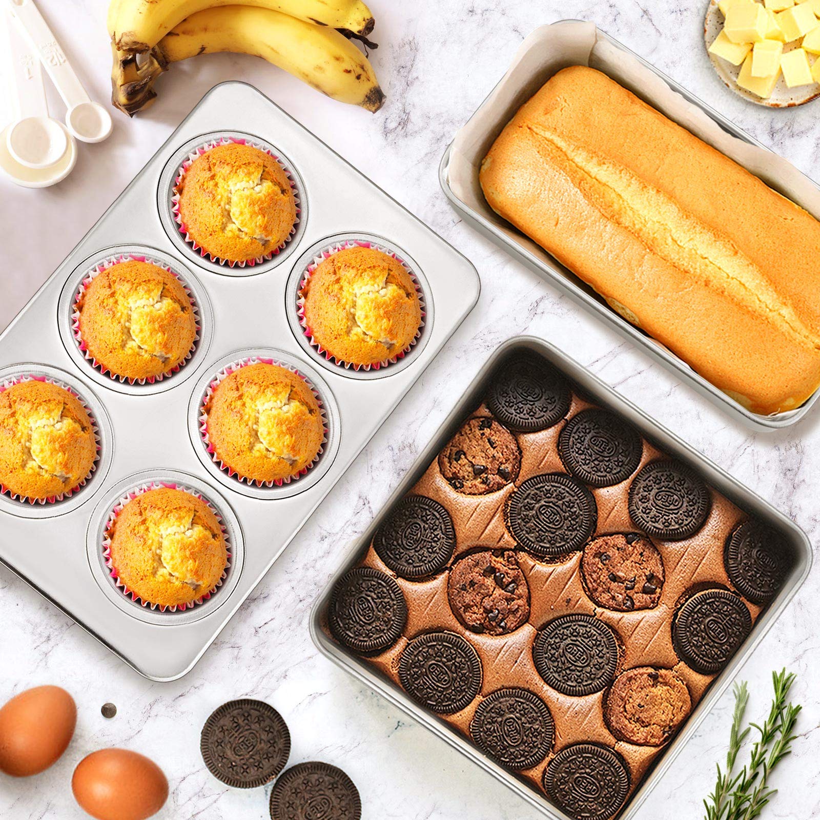 Stainless Steel Bakeware Set, E-far Metal Baking Pan Set of 9, Include Round/Square Cake Pans, Rectangle Baking Pan with Lid, Loaf Pan, Muffin Pan, Cookie Sheet with Rack, Dishwasher Safe