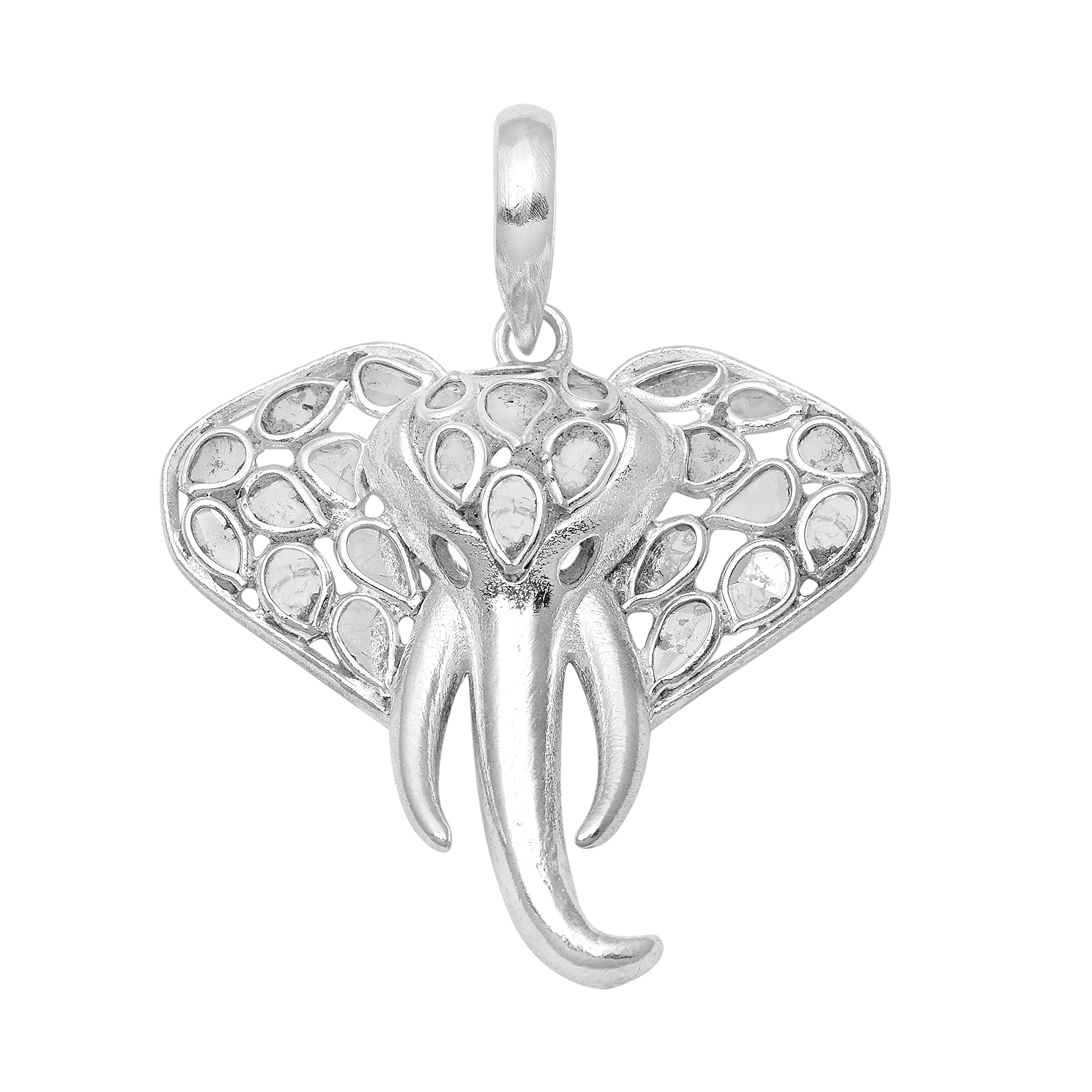 1.50 CTW Natural Diamond Polki Elephant Pendant 925 Sterling Silver Platinum Plated Slice Diamond Jewelry