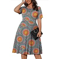 POSESHE Womens Plus Size Summer Dress 2023 Casual Short Sleeve Empire Waist Loose Fit Swing T-Shirt Dress with Pockets