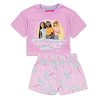 Barbie Girls Pyjama Set | Kids Pink Crop Top T-Shirt Elasticated Shorts Complete PJs Bundle | Rise And Shine Doll Sleepwear