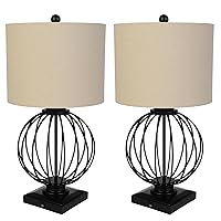 Lavish Home Set of 2 Table Lamps - Modern Lamps with USB Charging Ports and LED Bulbs - for Living Room, Office, or Bedroom Decor (Matte Black)