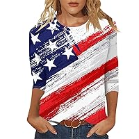 USA Shirts for Women,2024 Trendy 3/4 Sleeve Round Neck Tops T-Shirt Casual Independence Day Print Tops Blouses