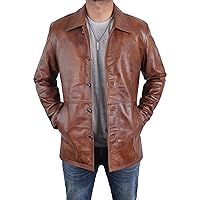 Mens Classic Winter Leather Car Coat 3/4 Length - Button Up Real Lambskin Long Jacket