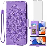 Asuwish Phone Case for Samsung Galaxy A14 5G Wallet Cover with Tempered Glass Screen Protector and Leather Flip Credit Card Holder Stand Flower Folio Cell Accessories A 14 4G 14A G5 Women Men Purple