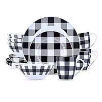 Winter Frost White, Black Modern Kitchen Dinnerware Sets, Indoor and Plates, 16-Piece Plaid Kitchen Plates and Bowls Set with Mugs, Dishwasher Safe