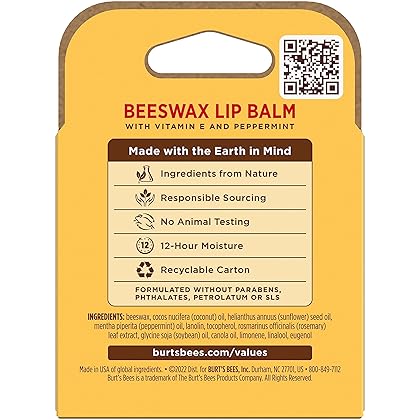 Burt's Bees Lip Balm, Moisturizing Lip Care, for All Day Hydration, 100% Natural, Original Beeswax with Vitamin E & Peppermint Oil (4 Pack)