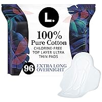 L. Ultra Thin Pads for Women, Overnight Absorbency, 100% Pure Cotton Top Layer, Unscented Pads with Wings, 96 CT (4 Packs of 24) (Packaging May Vary)