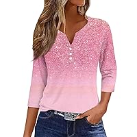 Womens 3/4 Sleeve Tops V Neck Button Down Henley Loose Fit Blouse Summer Fashion Graphic Tunic Tshirts