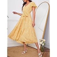 Women's Dress Dresses for Women Bell Sleeve Ruffle Hem Floral Dress Dress (Color : Yellow, Size : X-Small)